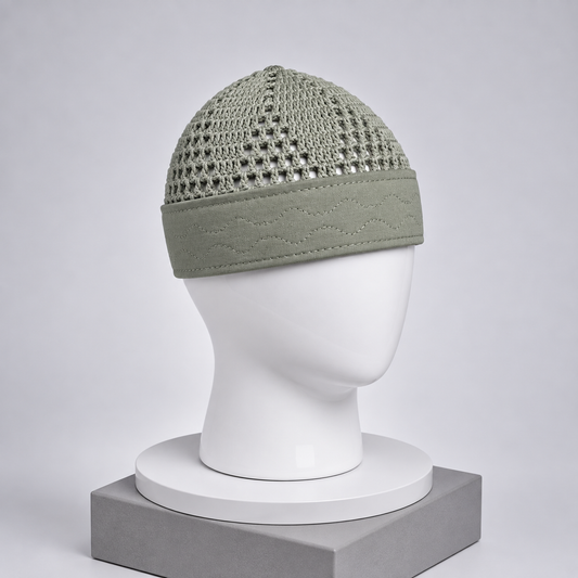 Damishq Sage Green Crochet Namaz Cap – Premium Islamic Kufi Topi AL AZBAR – D020