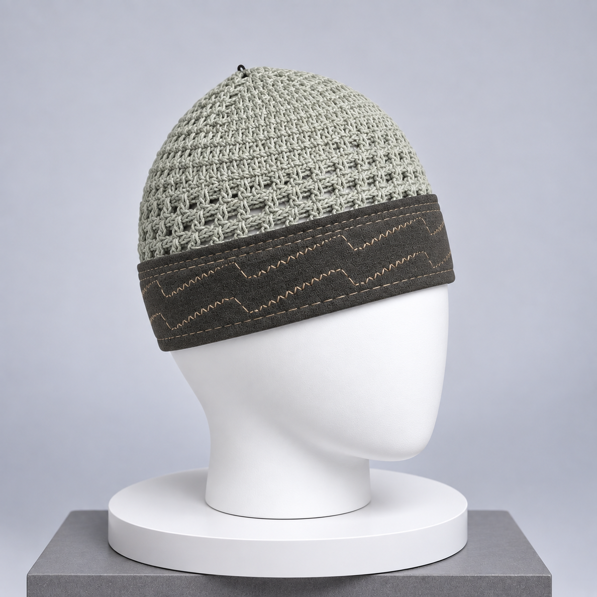 Damishq Sage Grey & Dark Brown Crochet Namaz Cap – Premium Islamic Kufi Topi AL AZBAR – D016