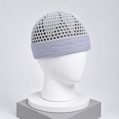 Damishq Silver Grey & Light Lavender Crochet Namaz Cap – Premium Islamic Kufi Topi AL AZBAR – D029
