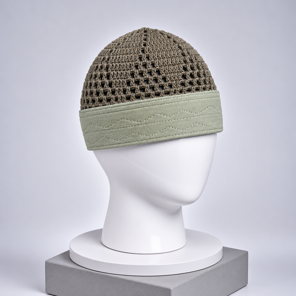 Damishq Taupe Grey & Sage Green Crochet Namaz Cap – Premium Islamic Kufi Topi AL AZBAR – D026