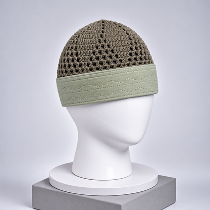 Damishq Taupe Grey & Sage Green Crochet Namaz Cap – Premium Islamic Kufi Topi AL AZBAR – D026