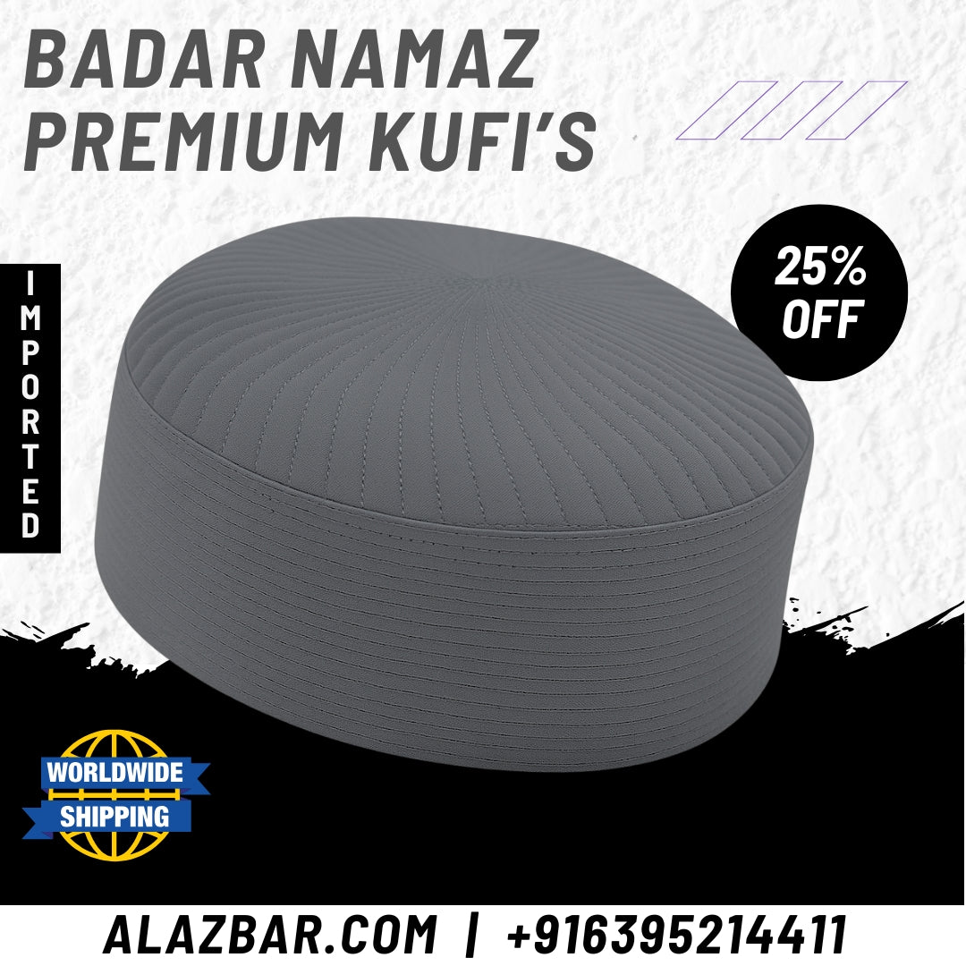 Dark Grey Badar Kufi Cap - Premium Hard Structured Prayer Hat | Imported Quality | AL AZBAR