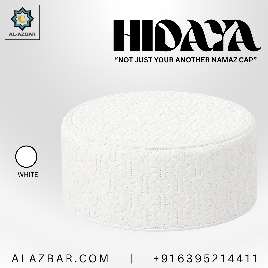 HIDAYA Premium Islamic Prayer Cap for Men | Full White COLOR | Luxury Namaz Topi & Kufi | AL AZBAR