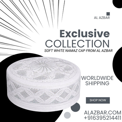 KASHIF White Namaz Cap with Grey Embroidery by AL-AZBAR | Premium Prayer Topi (55/21.5) | Handcrafted 3 Inch Regular Height