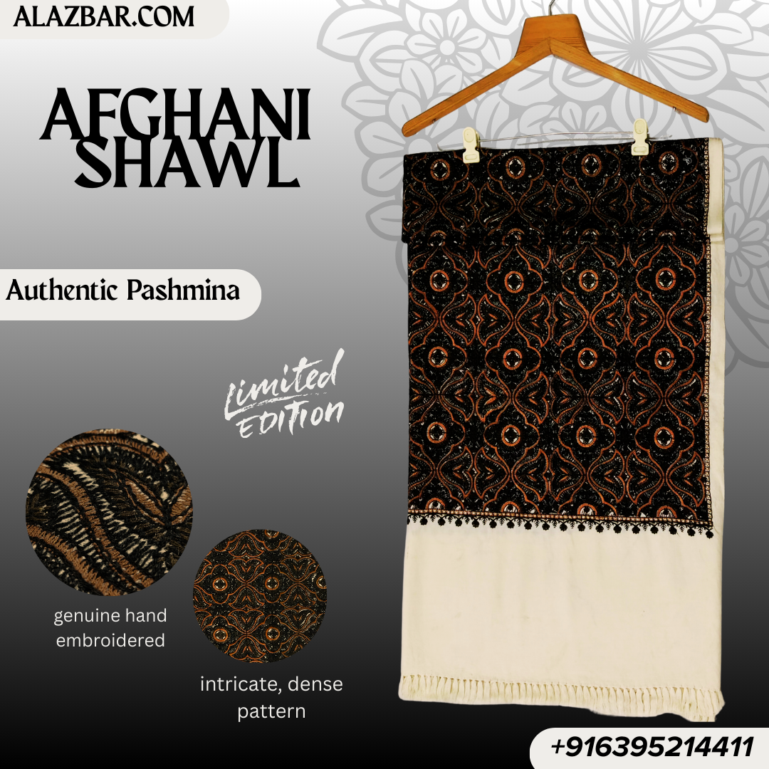 Limited Edition Afghani Hand-Embroidered Pashmina Shawl – Wedding Royal Look | 76x38 inch (193x97 cm) – By AL-AZBAR