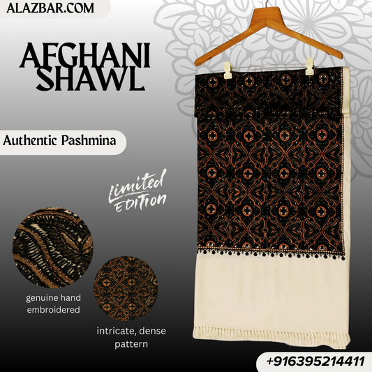 Limited Edition Afghani Hand-Embroidered Pashmina Shawl – Wedding Royal Look | 76x38 inch (193x97 cm) – By AL-AZBAR