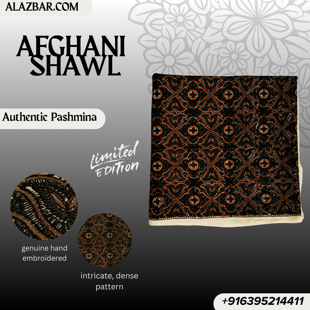 Limited Edition Afghani Hand-Embroidered Pashmina Shawl – Wedding Royal Look | 76x38 inch (193x97 cm) – By AL-AZBAR