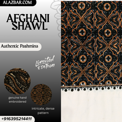 Limited Edition Afghani Hand-Embroidered Pashmina Shawl – Wedding Royal Look | 76x38 inch (193x97 cm) – By AL-AZBAR