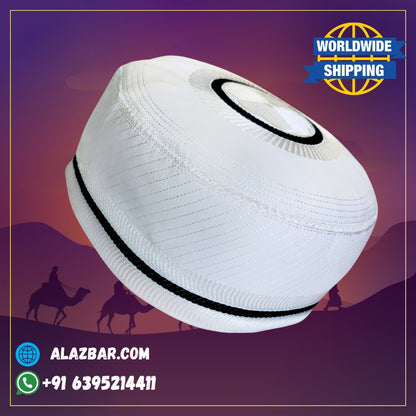MALIK White Cap With Black Strip, Muslim Namaz Topi by AL-AZBAR