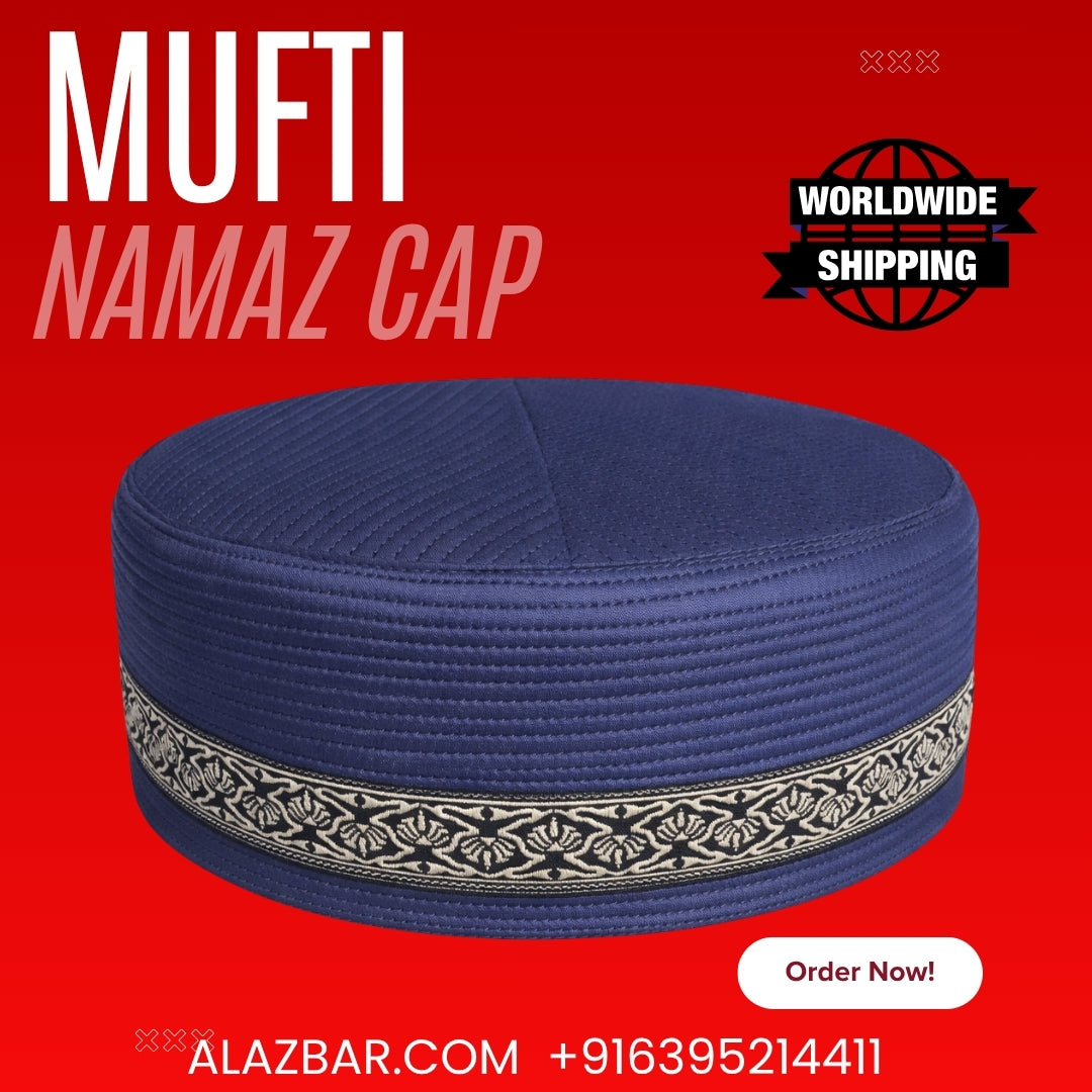 MUFTI Blue Namaz Cap (56/22) Made in Bangladesh by AL-AZBAR | Premium Muslim Prayer Topi | 3 Inch Regular Height