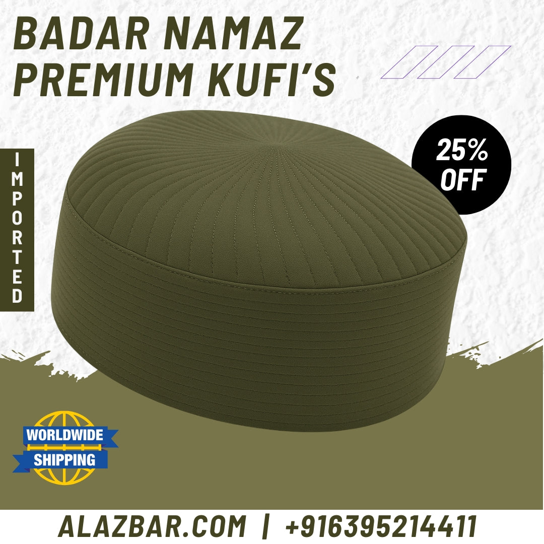 Olive Green Badar Kufi Cap - Premium Hard Structured Prayer Hat  Imported Quality  AL AZBAR