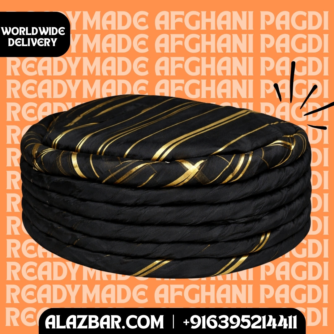 Ready-Made Afghani Pagdi Black with Gold Stripes  Permanent Tied Afghan Turban  Premium Islamic Headwear  Worldwide Delivery  AL-AZBAR