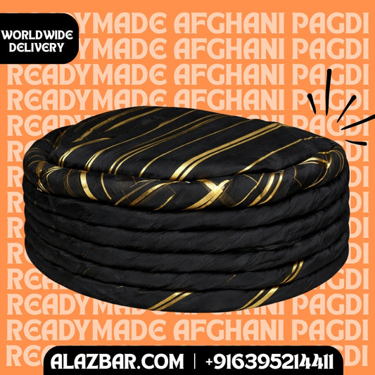 Ready-Made Afghani Pagdi Black with Gold Stripes  Permanent Tied Afghan Turban  Premium Islamic Headwear  Worldwide Delivery  AL-AZBAR