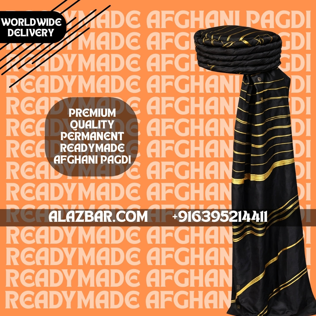 Ready-Made Afghani Pagdi Black with Gold Stripes  Permanent Tied Afghan Turban  Premium Islamic Headwear  Worldwide Delivery  AL-AZBAR