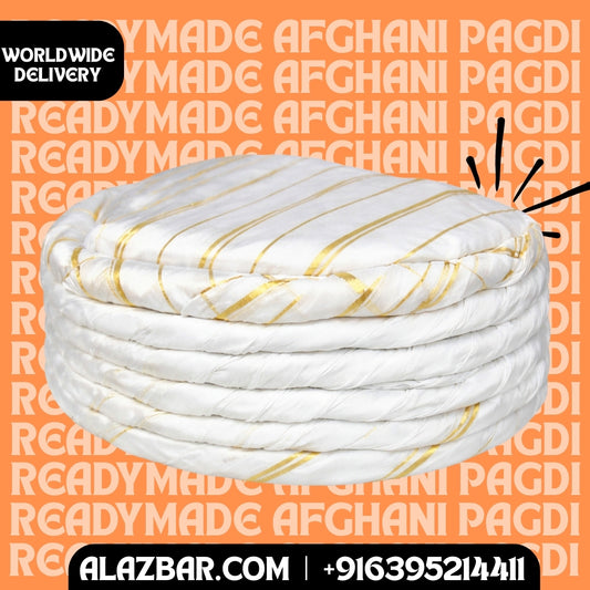 Ready-Made Afghani Pagdi White with Gold Stripes  Permanent Tied Afghan Turban  Premium Islamic Headwear  Worldwide Delivery  AL-AZBAR