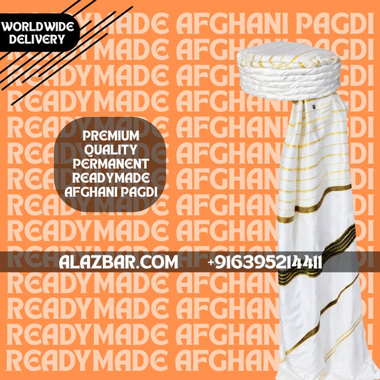 Ready-Made Afghani Pagdi White with Gold Stripes  Permanent Tied Afghan Turban  Premium Islamic Headwear  Worldwide Delivery  AL-AZBAR