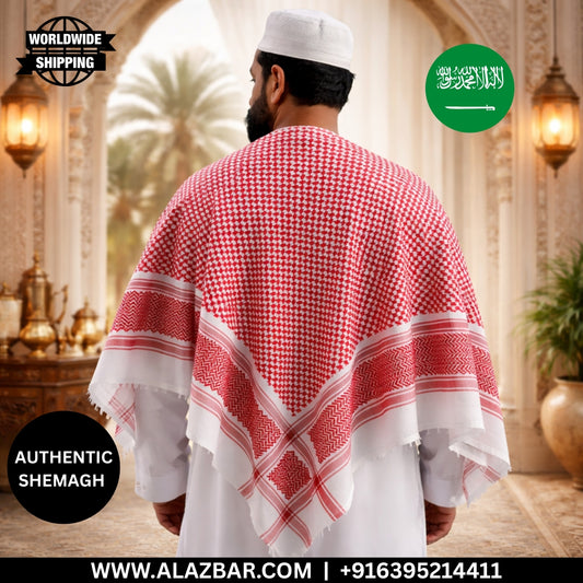Saudi Arab Shaikh White and Red Shemagh Scarf Rumaal by AL-AZBAR  Premium Traditional Keffiyeh  Arabian Muslim Headscarf for Men