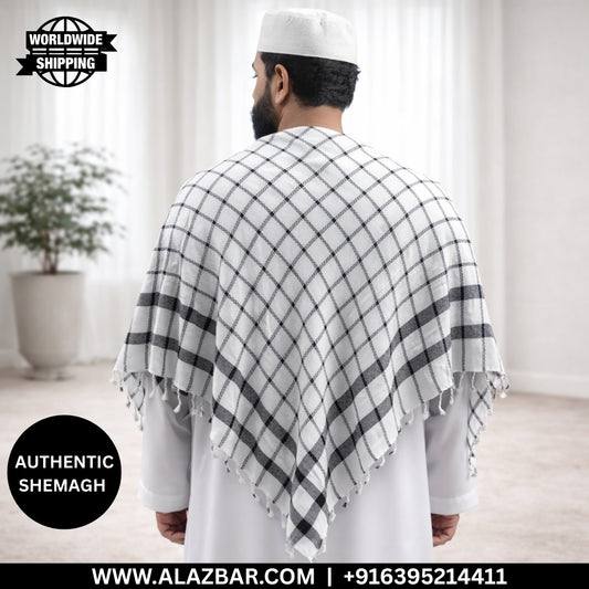 White Shemagh with Black Check by AL-AZBAR | Classic Muslim Scarf Rumaal | Premium Arab Keffiyeh for Men | Traditional Islamic Headscarf